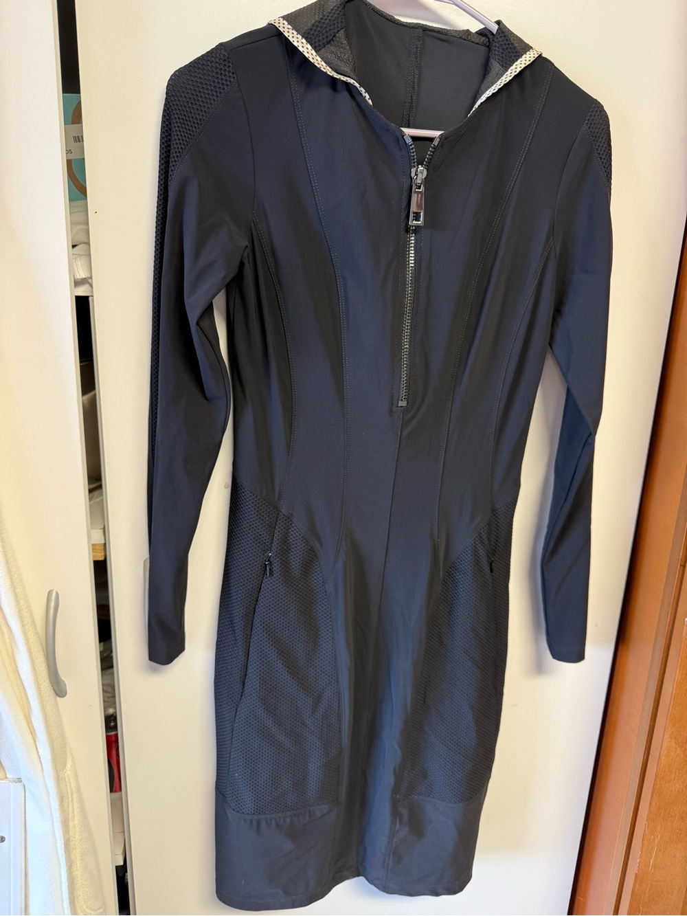 Long-Sleeve Black Active Dress with Front Zip